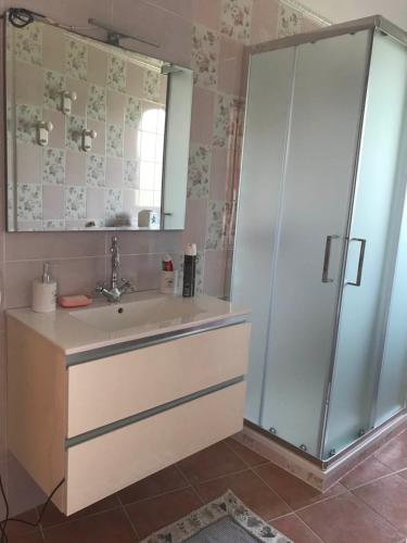 a bathroom with a sink and a shower at Villa del Tramonto in Santa Caterina
