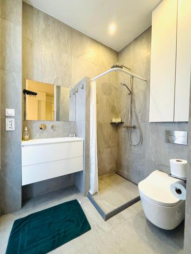 une salle de bain avec une douche, des toilettes et un lavabo dans l'établissement Appartement Malesherbes Wagram, à Paris