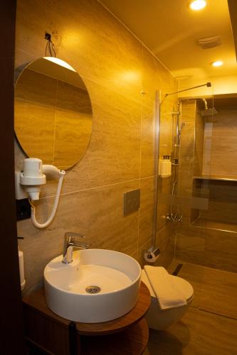 a bathroom with a sink and a toilet and a mirror at TASHAN1699 Otel ve Restoran in Amasya