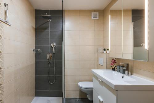 a bathroom with a shower with a toilet and a sink at Karavanke Holiday Getaway in Hrušica