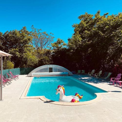 une piscine avec un cheval en plastique au milieu dans l'établissement Le Mas Des Papillons chambre d'hôtes B&B, à Fargues