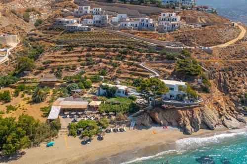 an aerial view of a beach and buildings at Petradi Studios & Villa in Aegiali