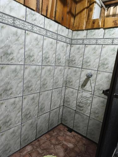 a tiled shower with a basket on the wall at Katty Mountain View in Concepción