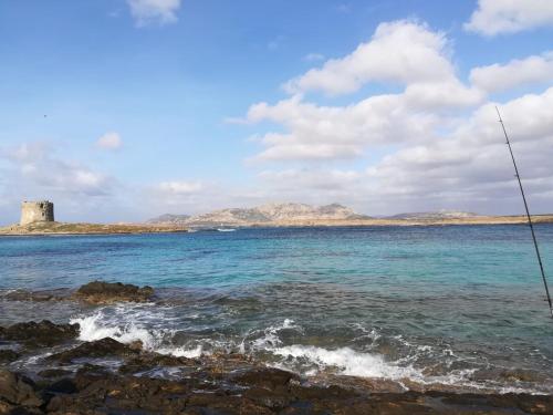 a view of the ocean with a lighthouse in the distance at Villetta sul Mare in Stintino