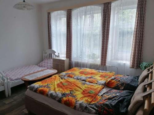 a bedroom with a bed and a crib and windows at Ubytováni nad hradem in Česká Lípa