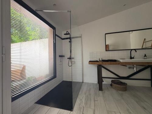 a bathroom with a shower and a sink and a mirror at Domaine Shambala - gîte en Provence avec une Grande Piscine in Velaux