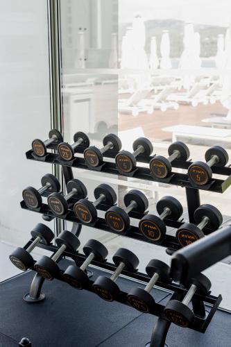 a rack of dumbbells on display in a gym at Troia Design Hotel in Troia
