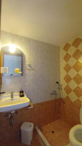 a bathroom with a sink and a toilet and a mirror at Ενοικιαζόμενα δωμάτια "ΟΛΓΑ" in Loutra Ipatis