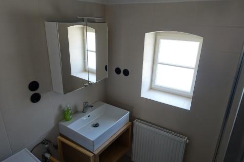 a bathroom with a white sink and a mirror at Roubenka u kostela 