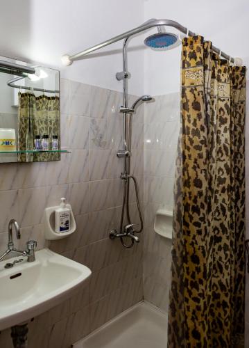 a bathroom with a shower curtain and a sink at FRINI APPARTMENTS in Kokkari
