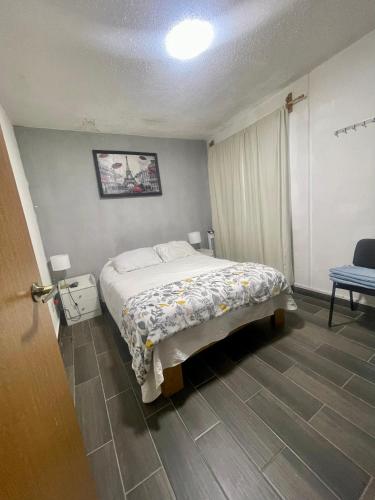 a bedroom with a bed and a chair in it at Casita de aeropuerto in Álvaro Obregón