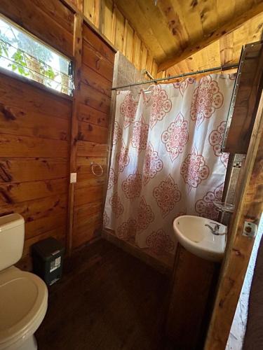 Un baño con cortina de ducha y lavabo. en Cabañas la esperancita, en Guatuso