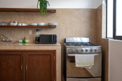 a kitchen with a stove and a counter top at Departamento Victoria in San Juan de los Lagos