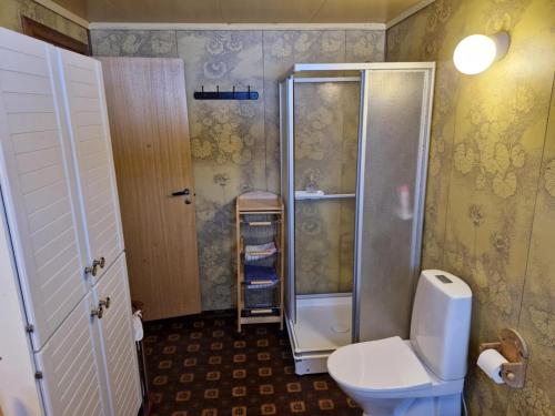 a bathroom with a shower and a toilet in it at Stall Rygg Apartment, Gloppen 