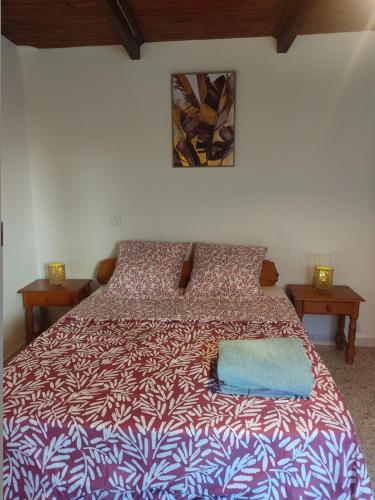 - une chambre avec un lit doté d'une couette rouge et bleue dans l'établissement Une petite maison dans un quartier calme dans la zone verte proximité tous commerces, à Carpentras