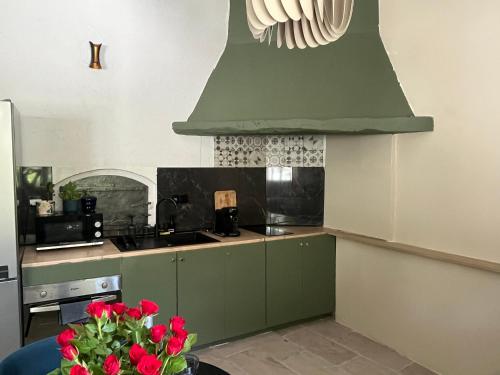 une cuisine avec des armoires vertes et une hotte verte dans l'établissement Chambre dans maison à Saint Paul, à Saint-Paul-de-Vence