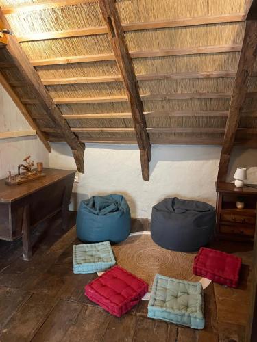 a room with three blue bags on the floor and a sink at Chaumière du 16-ème siècles in Saint-Augustin