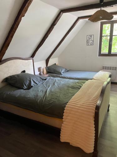 a bedroom with two beds in a attic at Chaumière du 16-ème siècles in Saint-Augustin