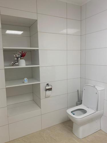 a white bathroom with a toilet and shelves at Chalupa U Studny in Jaroslavice