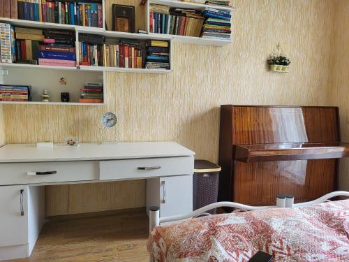 a bedroom with a desk and a bed and books at Cozy Retro Apartment Near the Sea in P'ichvnari