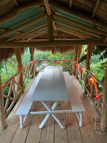 a picnic table in a thatch roofedilion at Tropical Cottage En Eco Casa Algana in El Limón