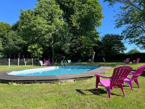 2 chaises assises dans l'herbe à côté d'une piscine dans l'établissement La Grosse Talle, à Sepvret