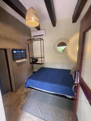 a bedroom with a blue bed and a mirror at Island Life Hostel in Santo Domingo