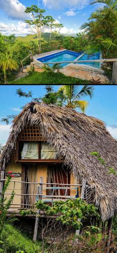 two pictures of a house with a straw roof at Sea view Casita Eco Casa Algana in Caña Félix