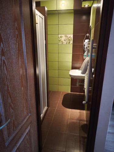 a small bathroom with a sink and a mirror at Magdaléna Vendégház in Hajdúszoboszló