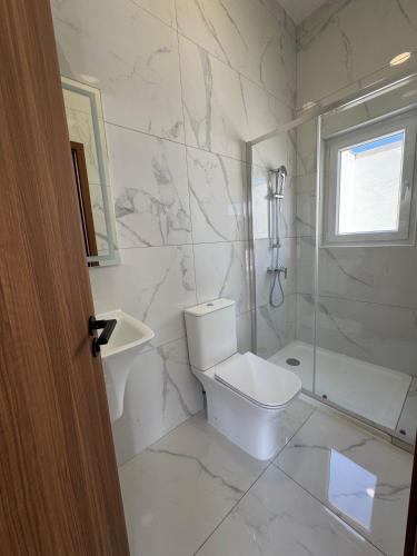 a white bathroom with a toilet and a shower at Penthouse Bliss Stylish 1B in Taʼ Penza