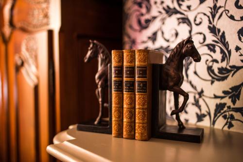 a group of books on a shelf with a horse statue at The Ayrlington Guesthouse in Bath
