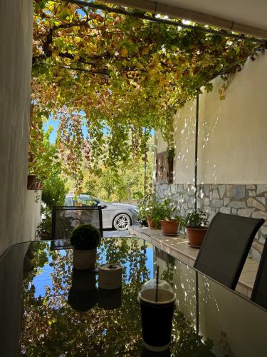 a patio with a reflection of a car in the water at Stou Stefani in Agros