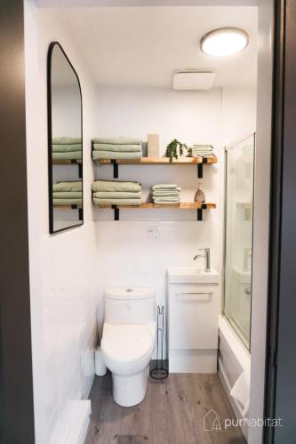 a bathroom with a toilet and a mirror at Studio 21 charme et confort au coeur de Magog in Magog-Orford