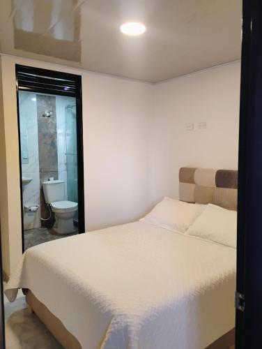 a bedroom with a bed and a bathroom with a toilet at Hotel Iraca in Aquitania