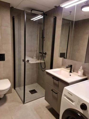 Et badeværelse på Central Apartment for 5