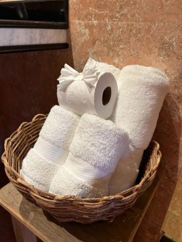 a basket with a roll of toilet paper in it at Hotel Villa D'Angelo in Itatiba