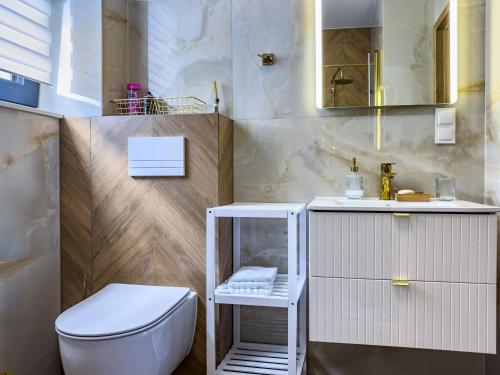 a bathroom with a white toilet and a sink at Złota Przystań w Bałtyckiej Oazie in Jastrzębia Góra