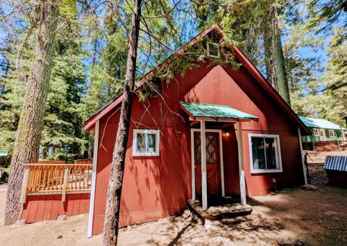 a red tiny house in the woods at Meadow View Cabin in Wilsonia in Wilsonia