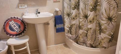 a bathroom with a sink and a shower curtain at Anaga Tucho Natural Beach House in Santa Cruz de Tenerife