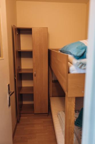 a bedroom with a bunk bed and a closet at Rekreační a školicí středisko Zájezek in Chlum u Třeboně