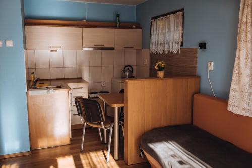 a small room with a kitchen and a small table at Rekreační a školicí středisko Zájezek in Chlum u Třeboně