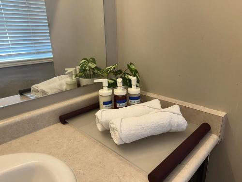 a bathroom with towels and a sink and a mirror at Luxurious Villa 3 Living Rooms, 1 sofa bed, 4 bedrooms, 4 Beds, 4 Toilets, 1 hour To Toronto in Oshawa