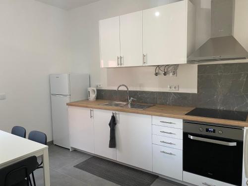 a kitchen with white cabinets and a sink and a refrigerator at Casa Os Três Meninos in Fátima