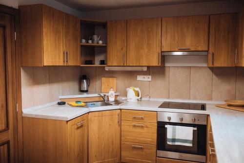 a kitchen with wooden cabinets and a sink at Rekreační a školicí středisko Zájezek in Chlum u Třeboně