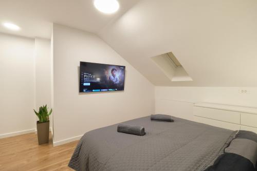 a bedroom with a bed and a tv on the wall at Martinović apartman in Zaprešić