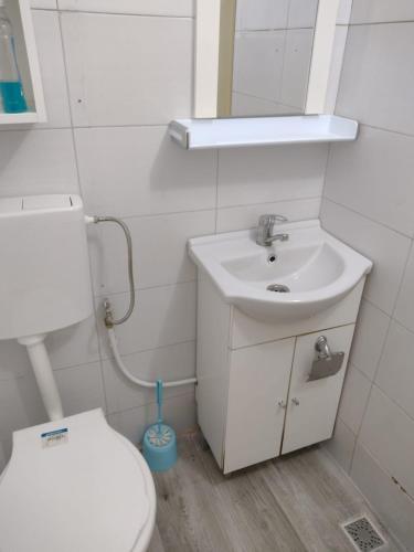 a white bathroom with a sink and a toilet at Casa din Dâmb in Breb