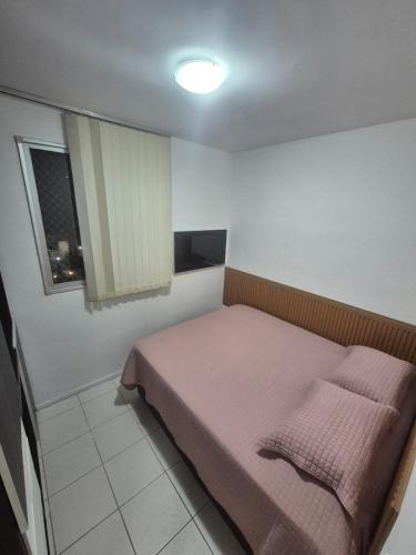 a bedroom with a bed with a pink blanket at Apartamento aconchegante e bem localizado in Belo Horizonte