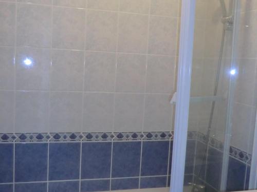 a bathroom with a shower with blue tiles at Appartement 2 personnes - Face plage Valentin - FR-1-843-24 in Le Croisic