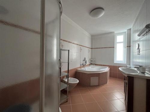 Apartment Ivana - free parking في كارلوفي فاري: حمام مع حوض استحمام ومرحاض ومغسلة