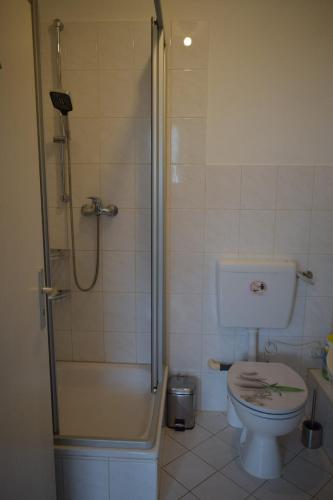 a bathroom with a shower and a toilet in it at Ferienwohnung in Gotha in Gotha